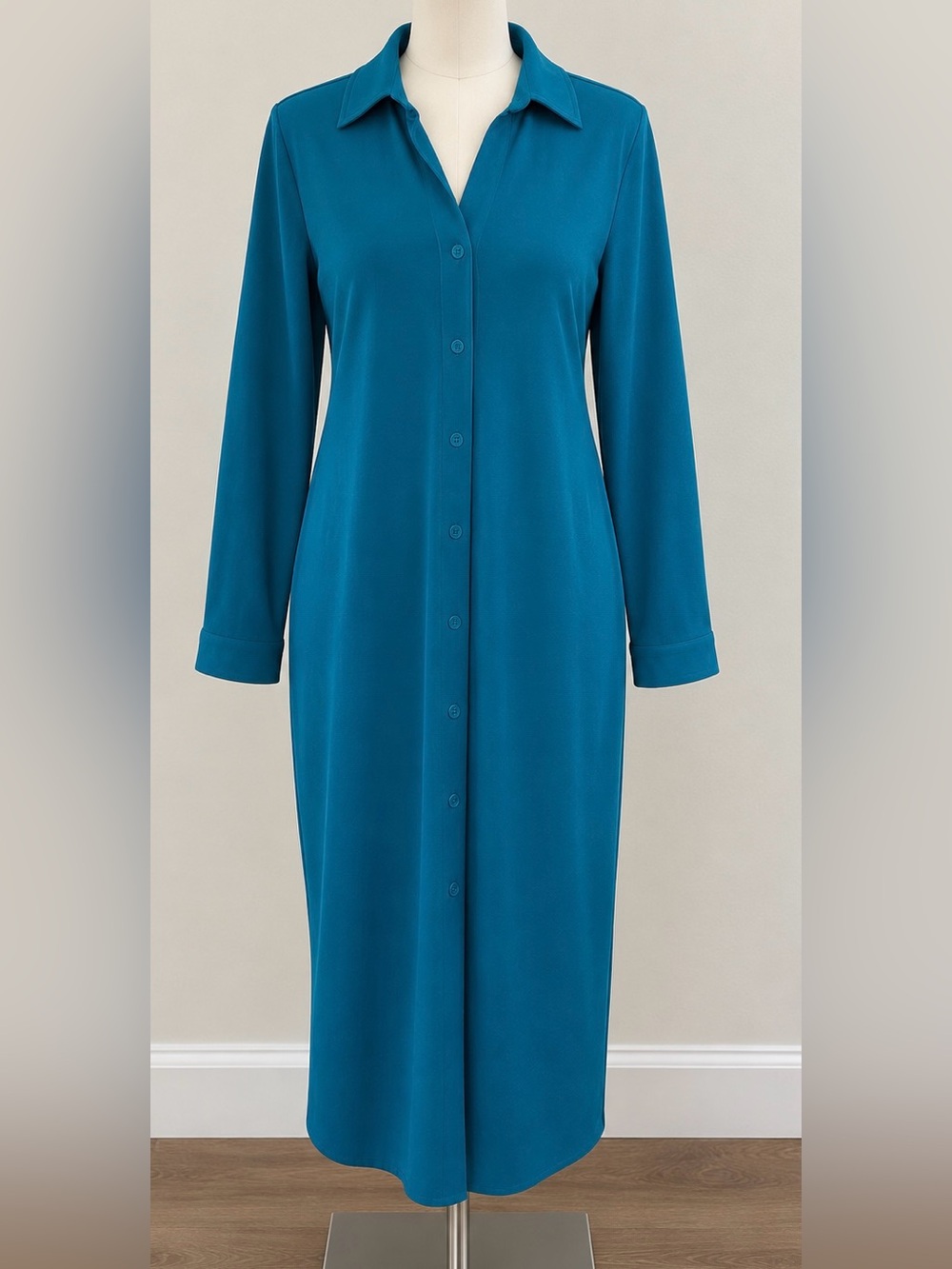 Anne Klein Teal Long-Sleeve Button-Front Sleep Shirt Dress